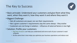 The Key to Success 
•Basic principle: Understand your customers and give them what they want, when they want it, how they want it and where they want it 
•Biggest Challenge: 
•Not all customers are equal, nor are their requirements 
•Nor a given customer’s requirements stay the same always -they evolve 
•Customers are not living in isolation –influence of external factors is too high 
•Solution: Profile your customers 
•Big Data Analytics can help you understand and serve each of your customer’s need uniquely 
•At the same time it also helps you optimize your business operations and reduce cost 
http://cenacle.co.in/ Cenacle Research India Private Limited 10 
 