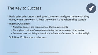 The Key to Success 
•Basic principle: Understand your customers and give them what they want, when they want it, how they want it and where they want it 
•Biggest Challenge: 
•Not all customers are equal, nor are their requirements 
•Nor a given customer’s requirements stay the same always -they evolve 
•Customers are not living in isolation –influence of external factors is too high 
•Solution: Profile your customers 
http://cenacle.co.in/ Cenacle Research India Private Limited 9 
 