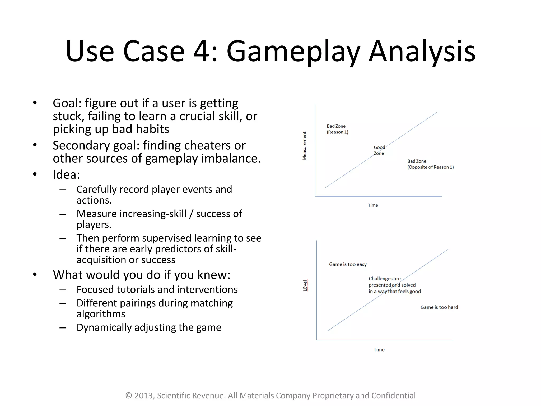 Use Case 4: Gameplay Analysis
• Goal: figure out if a user is getting
stuck, failing to learn a crucial skill, or
picking up bad habits
• Secondary goal: finding cheaters or
other sources of gameplay imbalance.
• Idea:
– Carefully record player events and
actions.
– Measure increasing-skill / success of
players.
– Then perform supervised learning to see
if there are early predictors of skill-
acquisition or success
• What would you do if you knew:
– Focused tutorials and interventions
– Different pairings during matching
algorithms
– Dynamically adjusting the game
© 2013, Scientific Revenue. All Materials Company Proprietary and Confidential
 