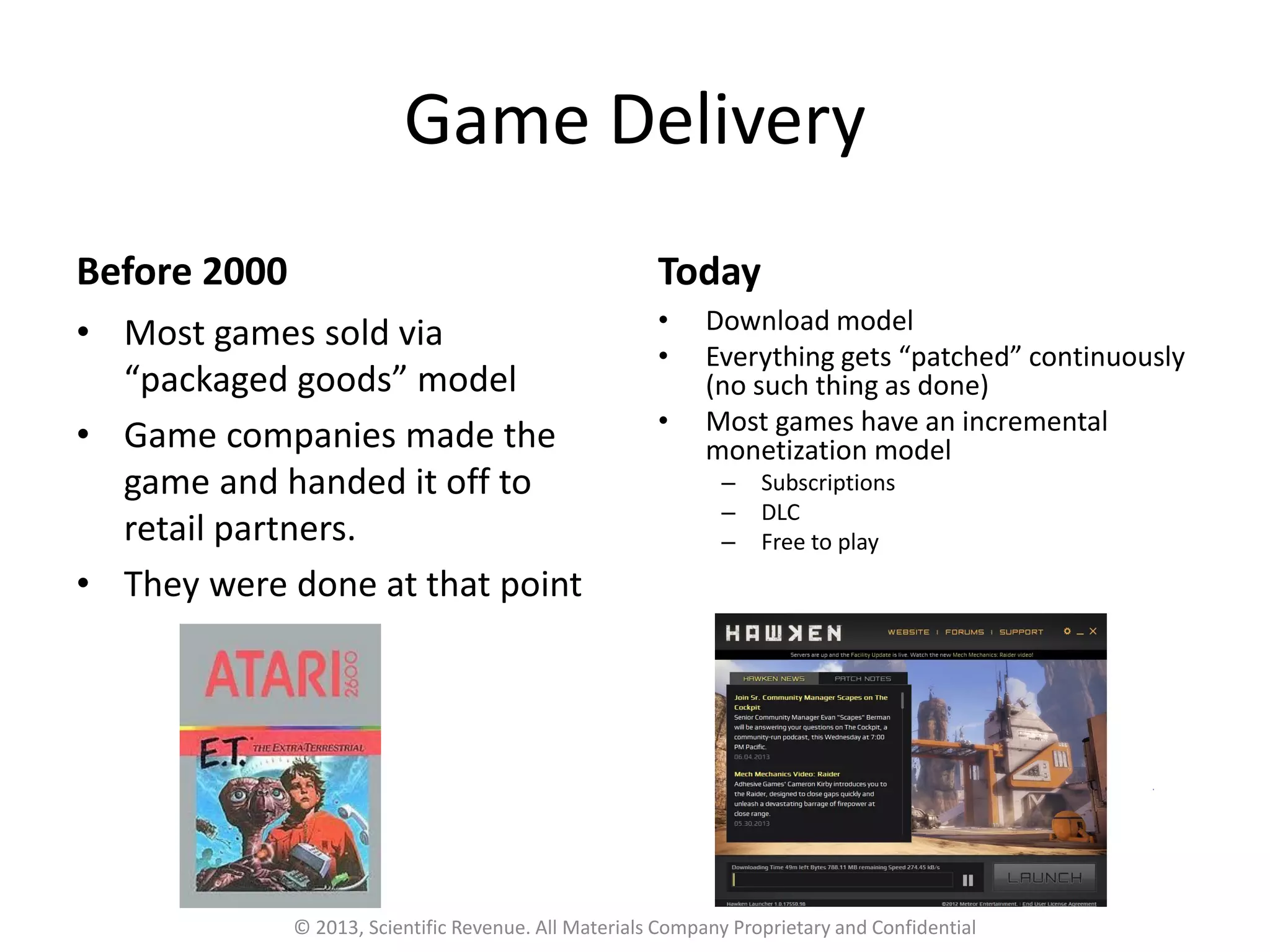 Game Delivery
Before 2000
• Most games sold via
“packaged goods” model
• Game companies made the
game and handed it off to
retail partners.
• They were done at that point
Today
• Download model
• Everything gets “patched” continuously
(no such thing as done)
• Most games have an incremental
monetization model
– Subscriptions
– DLC
– Free to play
© 2013, Scientific Revenue. All Materials Company Proprietary and Confidential
 