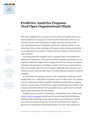 3  Predictive Analytics in Action: Real-World Examples and Advice
Home
Editor’s Note
Predictive
Analytics Programs
Need Op...
