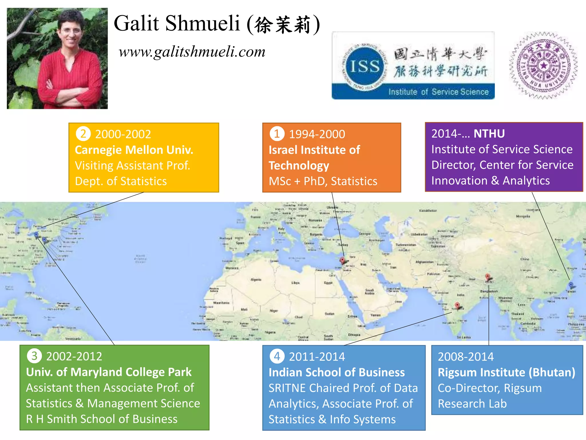 Galit Shmueli (徐茉莉)
www.galitshmueli.com
❷ 2000-2002
Carnegie Mellon Univ.
Visiting Assistant Prof.
Dept. of Statistics
❸ 2002-2012
Univ. of Maryland College Park
Assistant then Associate Prof. of
Statistics & Management Science
R H Smith School of Business
2008-2014
Rigsum Institute (Bhutan)
Co-Director, Rigsum
Research Lab
❹ 2011-2014
Indian School of Business
SRITNE Chaired Prof. of Data
Analytics, Associate Prof. of
Statistics & Info Systems
❶ 1994-2000
Israel Institute of
Technology
MSc + PhD, Statistics
2014-… NTHU
Institute of Service Science
Director, Center for Service
Innovation & Analytics
 