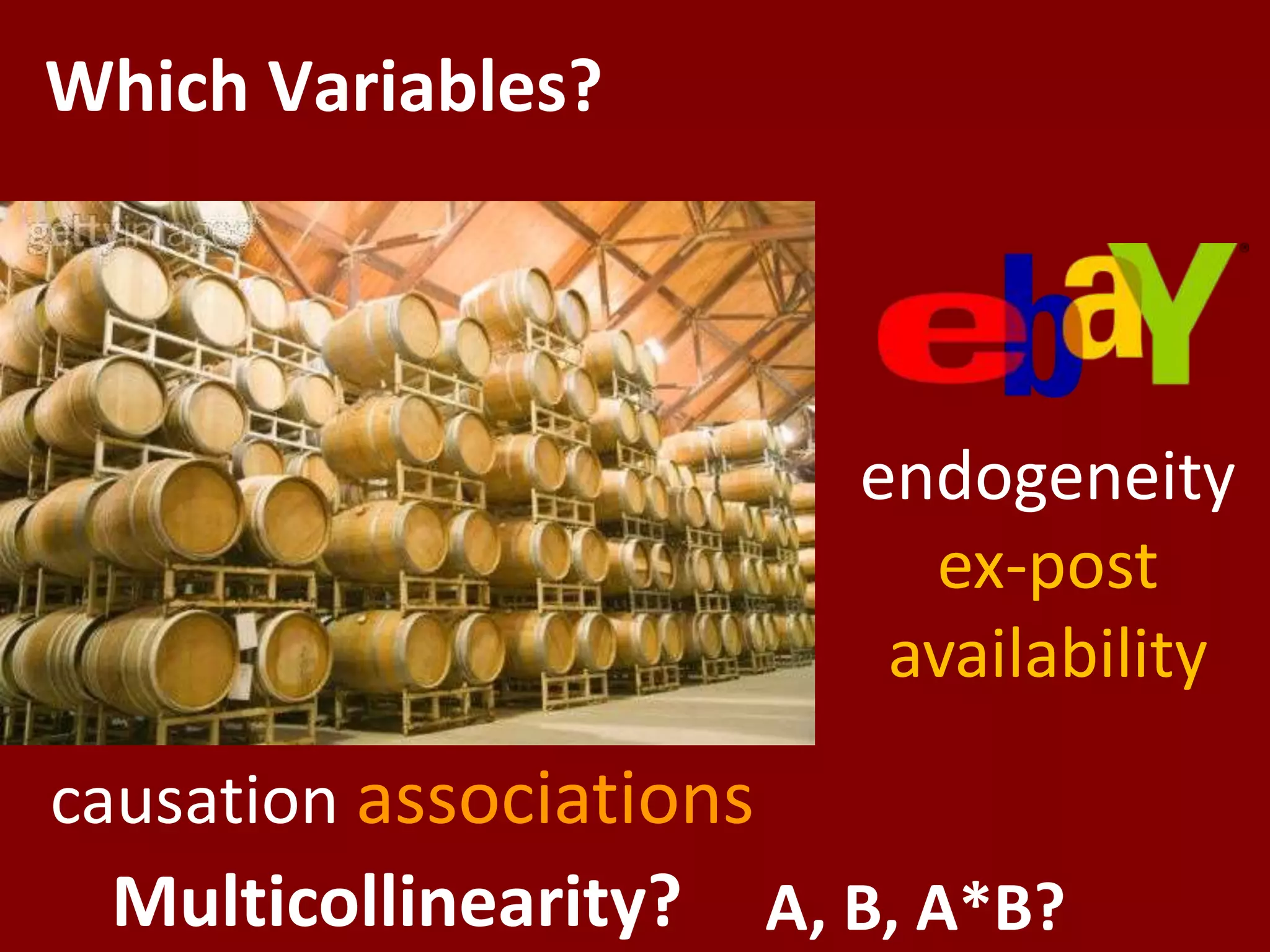 Which Variables?
Multicollinearity?
causation associations
endogeneity
ex-post
availability
A, B, A*B?
 