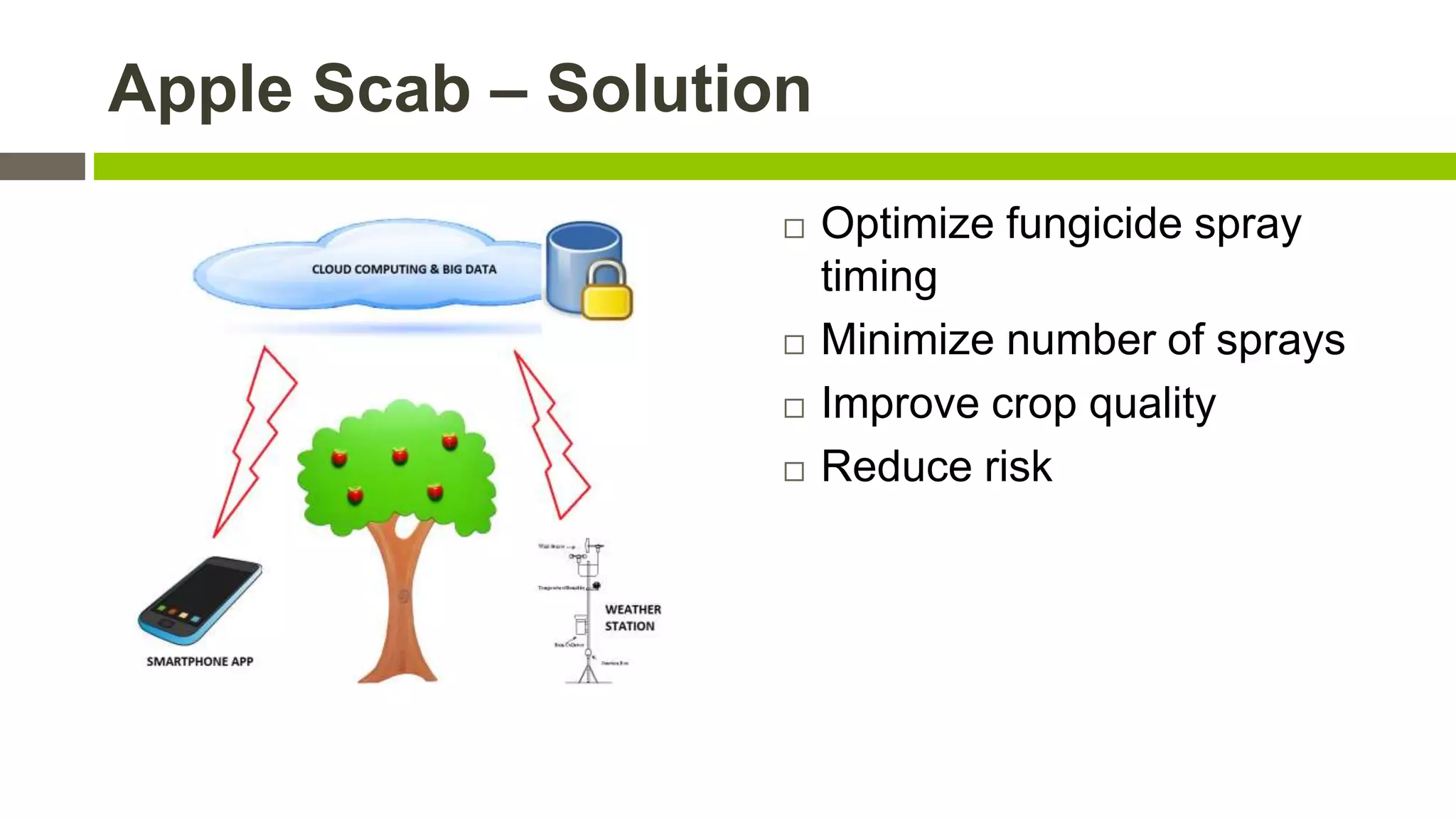 Apple Scab – Solution







Optimize fungicide spray
timing
Minimize number of sprays
Improve crop quality
Reduce risk

 