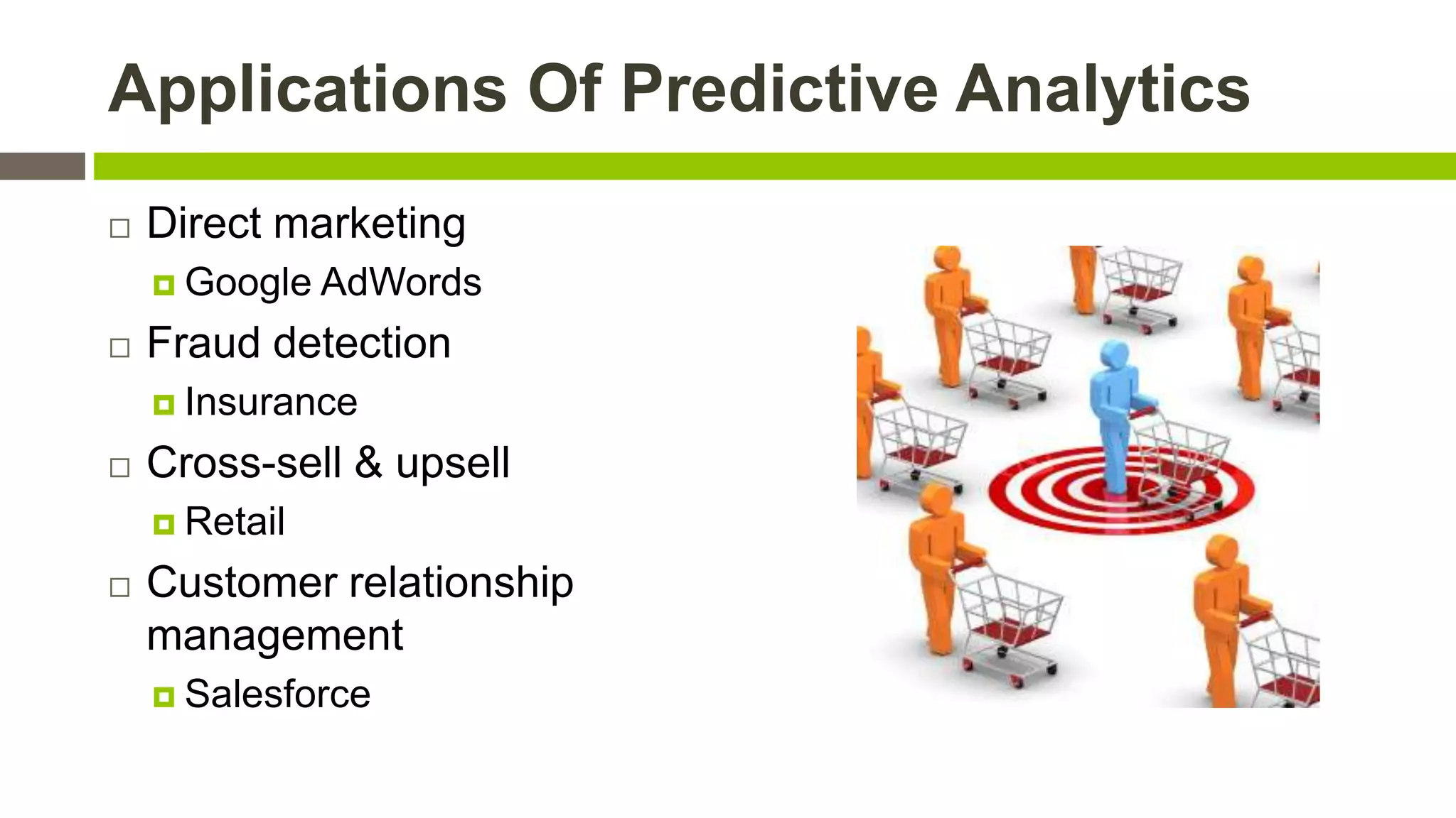 Applications Of Predictive Analytics


Direct marketing
 Google



AdWords

Fraud detection
 Insurance



Cross-sell & upsell
 Retail



Customer relationship
management
 Salesforce

 