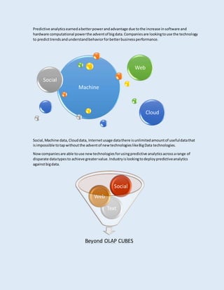 Predictive analyticsearnedabetterpowerandadvantage due tothe increase insoftware and
hardware computational powerthe adventof bigdata.Companiesare lookingtouse the technology
to predicttrendsandunderstandbehaviorforbetterbusinessperformance.
Social,Machine data,Clouddata, Internetusage datathere isunlimitedamountof usefuldatathat
isimpossible totapwithoutthe adventof new technologieslikeBigData technologies.
Now companiesare able touse newtechnologiesforusingpredictive analyticsacrossarange of
disparate datatypesto achieve greatervalue.Industryislookingtodeploypredictiveanalytics
againstbigdata.
Machine
Social
Web
Cloud
Beyond OLAP CUBES
Text
Web
Social
 