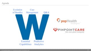 © 2016 popHeatlh Strategies, LLC | Confidential and Proprietary. Do not distribute or copy. 2
Agenda
Evolution
of Bundles
Care
Management
Predictive
Analytics
Q&A
Essential
Capabilities
 