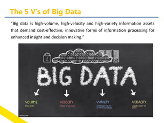 The 5 V's of Big Data
“Big data is high-volume, high-velocity and high-variety information assets
that demand cost-effective, innovative forms of information processing for
enhanced insight and decision making.”
 