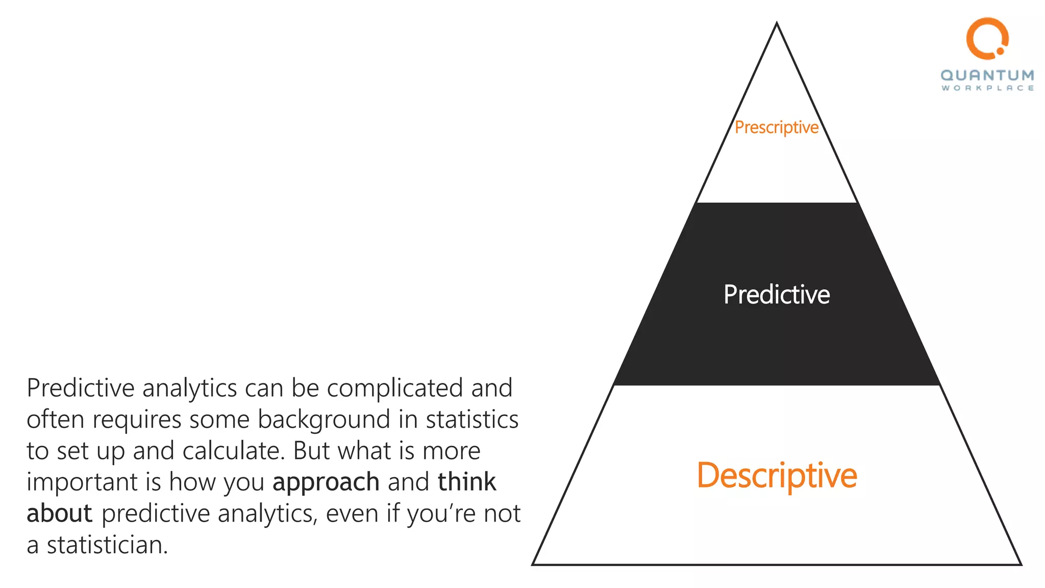 Predictive analytics can be complicated and
often requires some background in statistics
to set up and calculate. But what is more
important is how you approach and think
about predictive analytics, even if you’re not
a statistician.
Prescriptive
Predictive
Descriptive
 