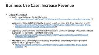Business Use Case: Increase Revenue
• Digital Marketing
– Kraft: How Kraft uses Digital Marketing
• http://www.clickz.com/...