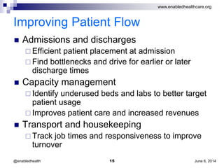 www.enabledhealthcare.org
Improving Patient Flow
 Admissions and discharges
 Efficient patient placement at admission
 Find bottlenecks and drive for earlier or later
discharge times
 Capacity management
 Identify underused beds and labs to better target
patient usage
 Improves patient care and increased revenues
 Transport and housekeeping
 Track job times and responsiveness to improve
turnover
June 6, 201415@enabledhealth
 