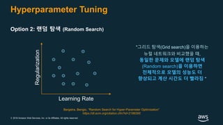 © 2018 Amazon Web Services, Inc. or its Affiliates. All rights reserved.
Hyperparameter Tuning
Option 2: 랜덤 탐색 (Random Search)
Learning Rate
Regularization
Bergstra, Bengio, “Random Search for Hyper-Parameter Optimization”
https://dl.acm.org/citation.cfm?id=2188395
"그리드 탐색(Grid search)을 이용하는
뉴럴 네트워크와 비교했을 때,
동일한 문제와 모델에 랜덤 탐색
(Random search)을 이용하면
전체적으로 모델의 성능도 더
향상되고 계산 시간도 더 빨라짐 "
 