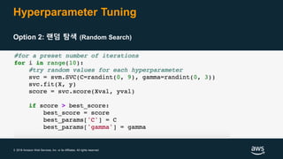 © 2018 Amazon Web Services, Inc. or its Affiliates. All rights reserved.
Hyperparameter Tuning
Option 2: 랜덤 탐색 (Random Search)
 