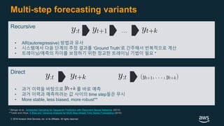 © 2018 Amazon Web Services, Inc. or its Affiliates. All rights reserved.
Multi-step forecasting variants
Direct
…
Recursive
• AR(autoregressive) 방법과 유사
• 시스템에서 다음 단계의 추정 결과를 ‘Ground Truth’로 간주해서 반복적으로 계산
• 트레이닝/예측의 차이를 보정하기 위한 정교한 트레이닝 기법이 필요 *
* Bengio et al., Scheduled Sampling for Sequence Prediction with Recurrent Neural Networks (2015)
**Taieb and Atiya, A Bias and Variance Analysis for Multi-Step-Ahead Time Series Forecasting (2016)
• 과거 이력을 바탕으로 를 바로 예측
• 과거 이력과 예측하려는 값 사이의 time step들은 무시
• More stable, less biased, more robust**
 