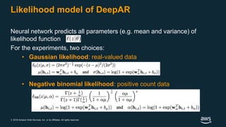 © 2018 Amazon Web Services, Inc. or its Affiliates. All rights reserved.
Likelihood model of DeepAR
Neural network predicts all parameters (e.g. mean and variance) of
likelihood function
For the experiments, two choices:
• Gaussian likelihood: real-valued data
• Negative binomial likelihood: positive count data
 