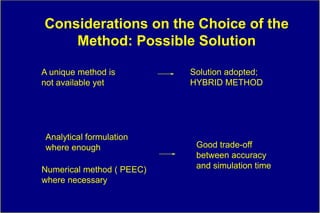 Considerations on the Choice of the
    Method: Possible Solution

A unique method is         Solution adopted;
not available yet          HYBRID METHOD




 Analytical formulation
 where enough               Good trade-off
                            between accuracy
Numerical method ( PEEC)    and simulation time
where necessary
 
