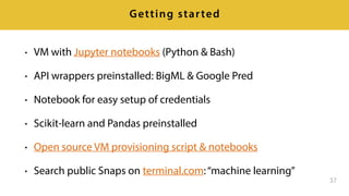• VM with Jupyter notebooks (Python & Bash)
• API wrappers preinstalled: BigML & Google Pred
• Notebook for easy setup of credentials
• Scikit-learn and Pandas preinstalled
• Open source VM provisioning script & notebooks
• Search public Snaps on terminal.com:“machine learning”
37
Getting started
 