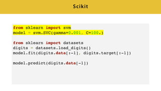 Scikit
from sklearn import svm
model = svm.SVC(gamma=0.001, C=100.)
from sklearn import datasets
digits = datasets.load_digits()
model.fit(digits.data[:-1], digits.target[:-1])
model.predict(digits.data[-1])
 