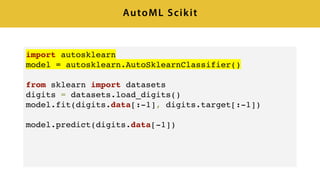 AutoML Scikit
import autosklearn
model = autosklearn.AutoSklearnClassifier()
from sklearn import datasets
digits = datasets.load_digits()
model.fit(digits.data[:-1], digits.target[:-1])
model.predict(digits.data[-1])
 