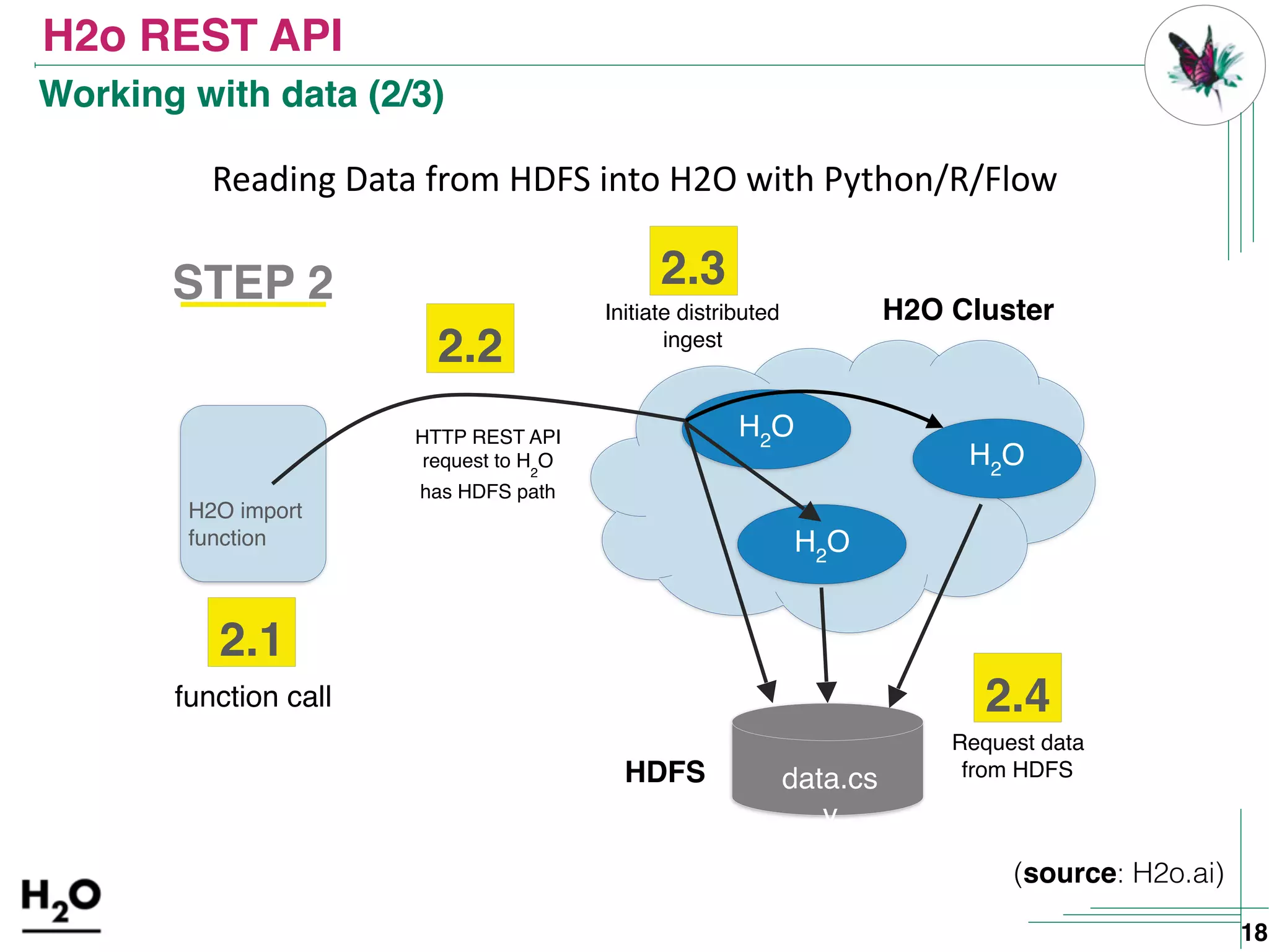 H2o REST API
18
Reading	Data	from	HDFS	into	H2O	with	Python/R/Flow
H2
O
H2
O
H2
O
data.cs
v
HTTP REST API
request to H
2
O
has HDFS path
H2O ClusterInitiate distributed
ingest
HDFS
Request data
from HDFS
STEP 2
2.2
2.3
2.4
H2O import
function
2.1
function call
(source: H2o.ai)
Working with data (2/3)
 