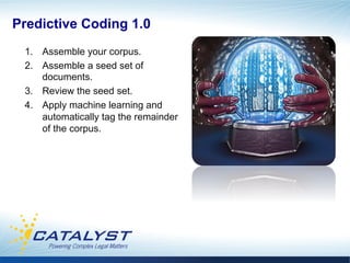 Predictive Coding 1.0
 1.  Assemble your corpus.
 2.  Assemble a seed set of
     documents.
 3.  Review the seed set.
 4.  Apply machine learning and
     automatically tag the remainder
     of the corpus.
 