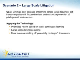 Scenario 2 – Large Scale Litigation
  Goal: Minimize cost because of learning across large document set,
  increase quality with focused review, and maximize protection of
  privilege and trade secrets

  Applying the Technology:
    §  Prioritized review based on rapid, continuous learning
    §  Large scale defensible culling
    §  More accurate ranking of “potentially privileged” documents
 