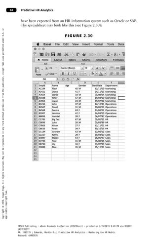 Predictive HR Analytics
34
have been exported from an HR information system such as Oracle or SAP.
The spreadsheet may look like this (see Figure 2.30):
Figure 2.30
Copyright
©
2016.
Kogan
Page.
All
rights
reserved.
May
not
be
reproduced
in
any
form
without
permission
from
the
publisher,
except
fair
uses
permitted
under
U.S.
or
applicable
copyright
law.
EBSCO Publishing : eBook Academic Collection (EBSCOhost) - printed on 2/25/2019 9:49 PM via REGENT
UNIVERSITY
AN: 1193776 ; Edwards, Martin R..; Predictive HR Analytics : Mastering the HR Metric
Account: s8463926
 