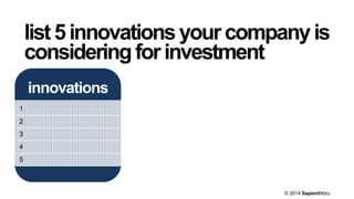 list5innovationsyourcompanyis
consideringforinvestment
© 2014 SapientNitro
innovations
1
2
3
4
5
 