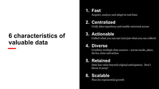 6 characteristics of
valuable data
1. Fast
Acquire, analyze and adapt in real-time
2. Centralized
Unify data repository and enable universal access
3. Actionable
Collect what you can use (not just what you can collect)
4. Diverse
Combine multiple data sources – across mode, place,
device, time and action
5. Retained
Data has value beyond original anticipation. Don’t
throw it away!
6. Scalable
Plan for exponential growth
 