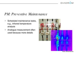 PM: Preventive Maintenance Scheduled maintenance tasks, e.g., infrared temperature analysis Analogue measurement often used because more details  Photo: Infrared Services 