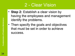2 - Clear Vision
Fundamentals of Predictive Maintenance

Ejercicios de ¿Qué Pasa Si? y de Diagnóstico y Solución de Problemas

34

• Step 2: Establish a clear vision by
having the employees and management
identify the problems.
• Then specify the goals and objectives
that must be set in order to achieve
success.

 