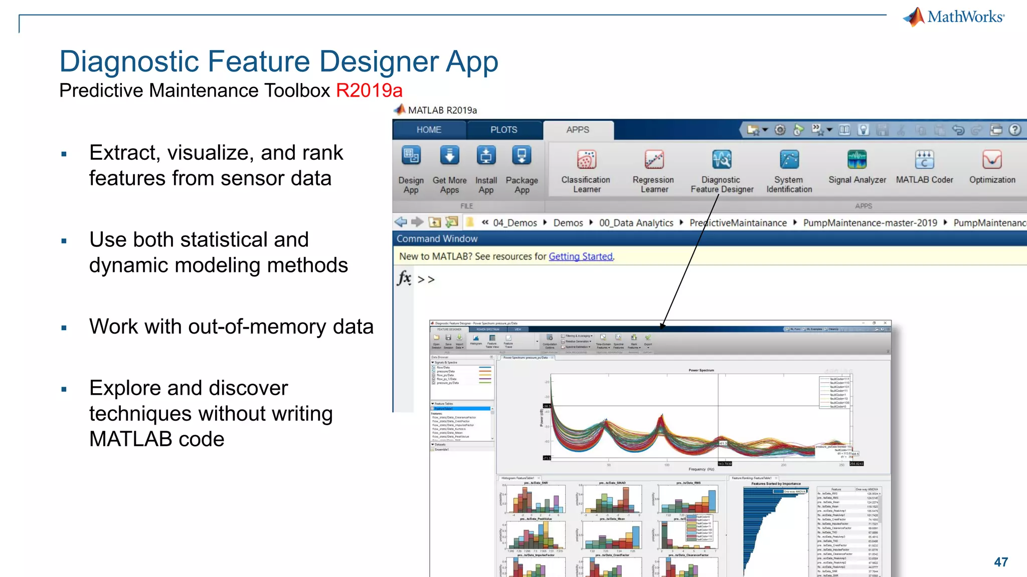47
Diagnostic Feature Designer App
Predictive Maintenance Toolbox R2019a
▪ Extract, visualize, and rank
features from sensor data
▪ Use both statistical and
dynamic modeling methods
▪ Work with out-of-memory data
▪ Explore and discover
techniques without writing
MATLAB code
 