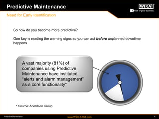 Predictive Maintenance www.WIKA-FAST.com 6 
Predictive Maintenance 
Need for Early Identification 
So how do you become more predictive? 
One key is reading the warning signs so you can act before unplanned downtime 
happens 
A vast majority (81%) of 
companies using Predictive 
Maintenance have instituted 
“alerts and alarm management” 
as a core functionality* 
* Source: Aberdeen Group 
 