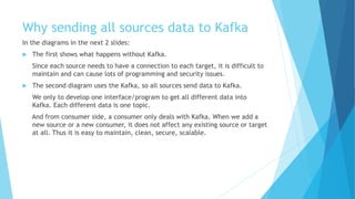 Why sending all sources data to Kafka
In the diagrams in the next 2 slides:
 The first shows what happens without Kafka.
Since each source needs to have a connection to each target, it is difficult to
maintain and can cause lots of programming and security issues.
 The second diagram uses the Kafka, so all sources send data to Kafka.
We only to develop one interface/program to get all different data into
Kafka. Each different data is one topic.
And from consumer side, a consumer only deals with Kafka. When we add a
new source or a new consumer, it does not affect any existing source or target
at all. Thus it is easy to maintain, clean, secure, scalable.
 
