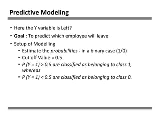 • Here the Y variable is Left?
• Goal : To predict which employee will leave
• Setup of Modelling
• Estimate the probabilities - in a binary case (1/0)
• Cut off Value = 0.5
• P (Y = 1) > 0.5 are classified as belonging to class 1,
whereas
• P (Y = 1) < 0.5 are classified as belonging to class 0.
Predictive Modeling
 