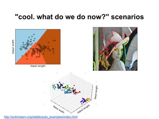 "cool. what do we do now?" scenarios
http://scikit-learn.org/stable/auto_examples/index.html
 