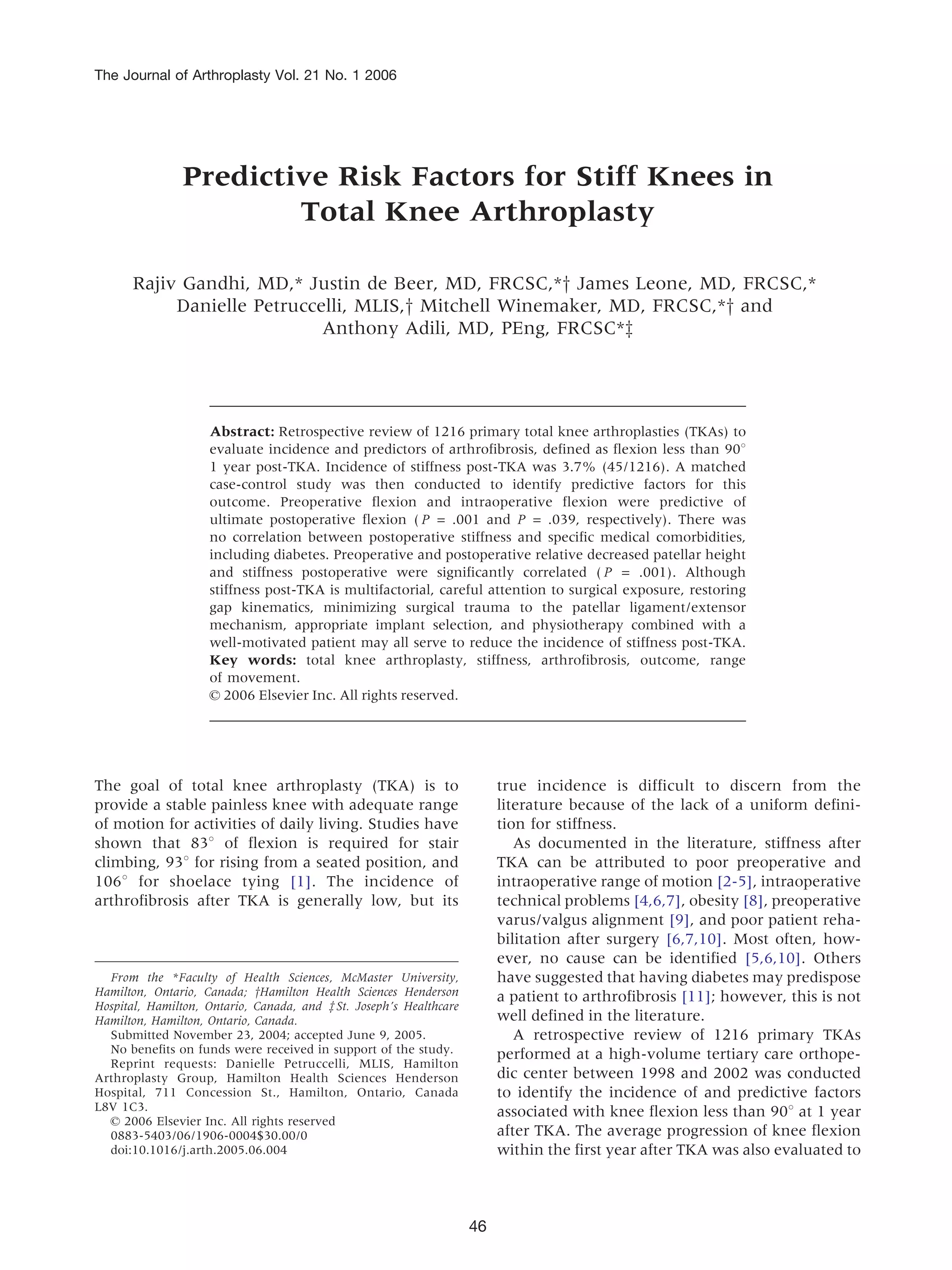 Predictive risk factors for stif knees in total knee arthroplasty | PDF