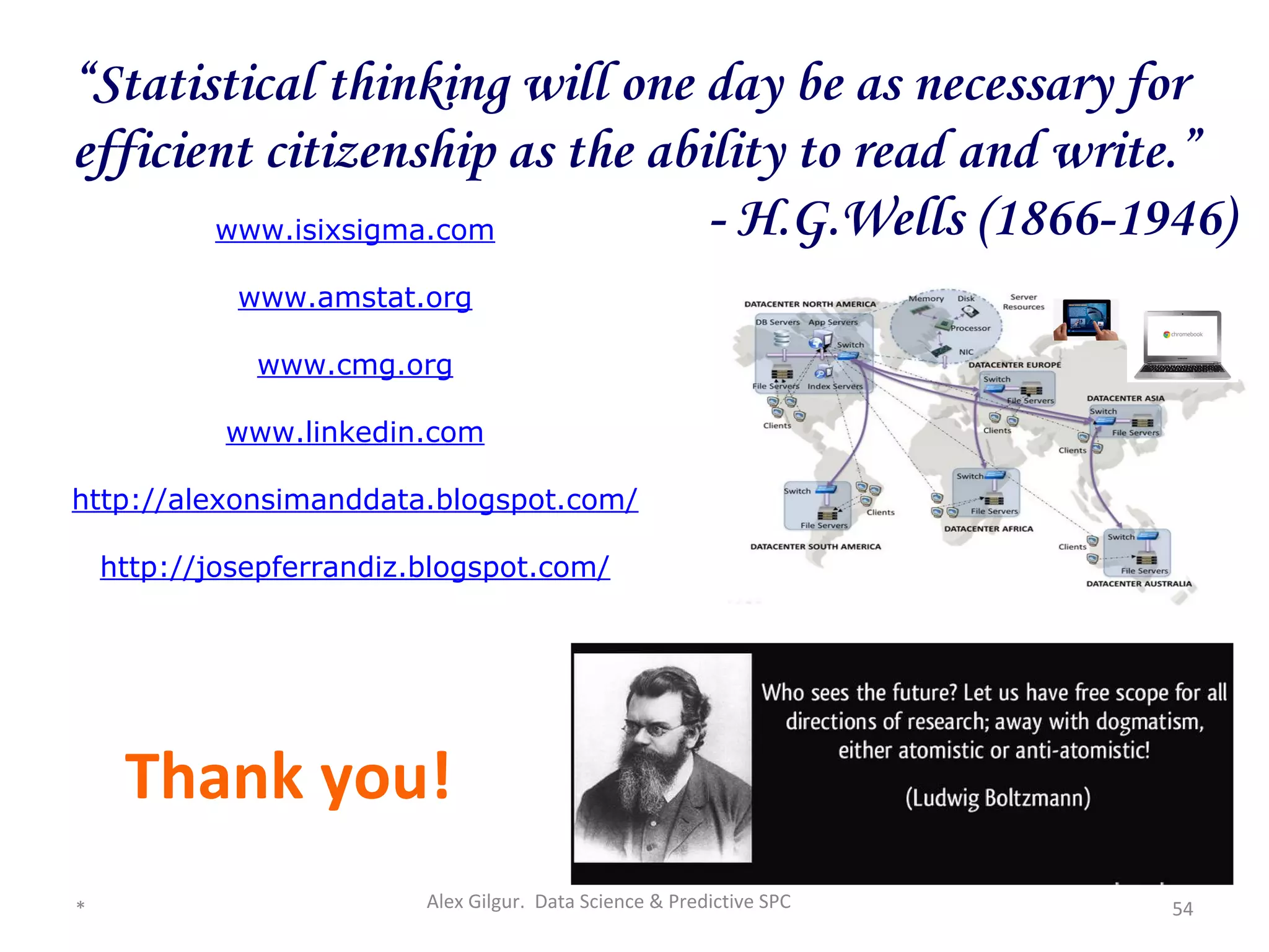 www.isixsigma.com
www.amstat.org
www.cmg.org
www.linkedin.com
http://alexonsimanddata.blogspot.com/
http://josepferrandiz.blogspot.com/
“Statistical thinking will one day be as necessary for
efficient citizenship as the ability to read and write.”
- H.G.Wells (1866-1946)
 