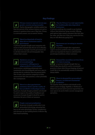 // 05
Key Findings
Privacy concerns operate across age,
gender, country and personality
Psycho-demographic variables explain less
than two percent of the variance between yes and no
answers to questions about uses of Big Data. Privacy
is a universal concern, not an esoteric interest.
There is a deep lack of trust in
data-driven businesses and in
government
71 percent of people thought most companies with
access to their personal data did not use it ethically;
only 26 percent of people trust the government not
to sell their electoral roll and demographic data
without their consent.
Marketers are at risk
of overestimating
consumers’ willingness to
adopt predictive technologies
Across sectors, marketing professionals were
consistently more knowledgeable and more open to
sharing data for prediction than the general public.
This reveals a clear need for companies to better
communicate their data practices, or face potentially
dire consequences.
There is a clear gap between
consumer desire and the reality of
how predictive technology is used
84 percent of people thought predictive tech should
be used to improve the quality of healthcare and
47 percent of people thought it should be used to
determine the price of their car insurance.
People want personalisation
66 percent of people would prefer to see
personalised advertising, assuming they
have to see some advertising. Privacy, transparency
and relevance are the building blocks of effective Big
Data-based marketing.
‘Pay for Privacy’ is a real opportunity
for traditionally data-dependent
businesses
27 percent would pay $3 a month to use Facebook
without their behaviour being recorded. Offering
paid options helps remind consumers that their data
has value, and that even if they use a service for free,
they are still effectively paying for it.
Businesses are investing in smarter
Big Data
77 percent thought their organisation
ought to invest in predictive data and 94 percent
said it was important for them to understand the
psychological attributes of their customers.
Demand for secondary services from
IoT data is soaring
57 percent of people thought that e.g.
smart fridge data should be used to recommend
groceries to them when they go shopping; 58 percent
would like to be automatically warned of unhealthy
dietary habits.
There is demand for personalised
finance, yet distrust of actuarial
prediction
The majority think predictive tech should not be
used to assess mortgage eligibility or likelihood of
default (62 percent and 67 percent respectively), but
were open to its use for better account management
and advice.
1
2
3
4
5
6
7
8
9
 