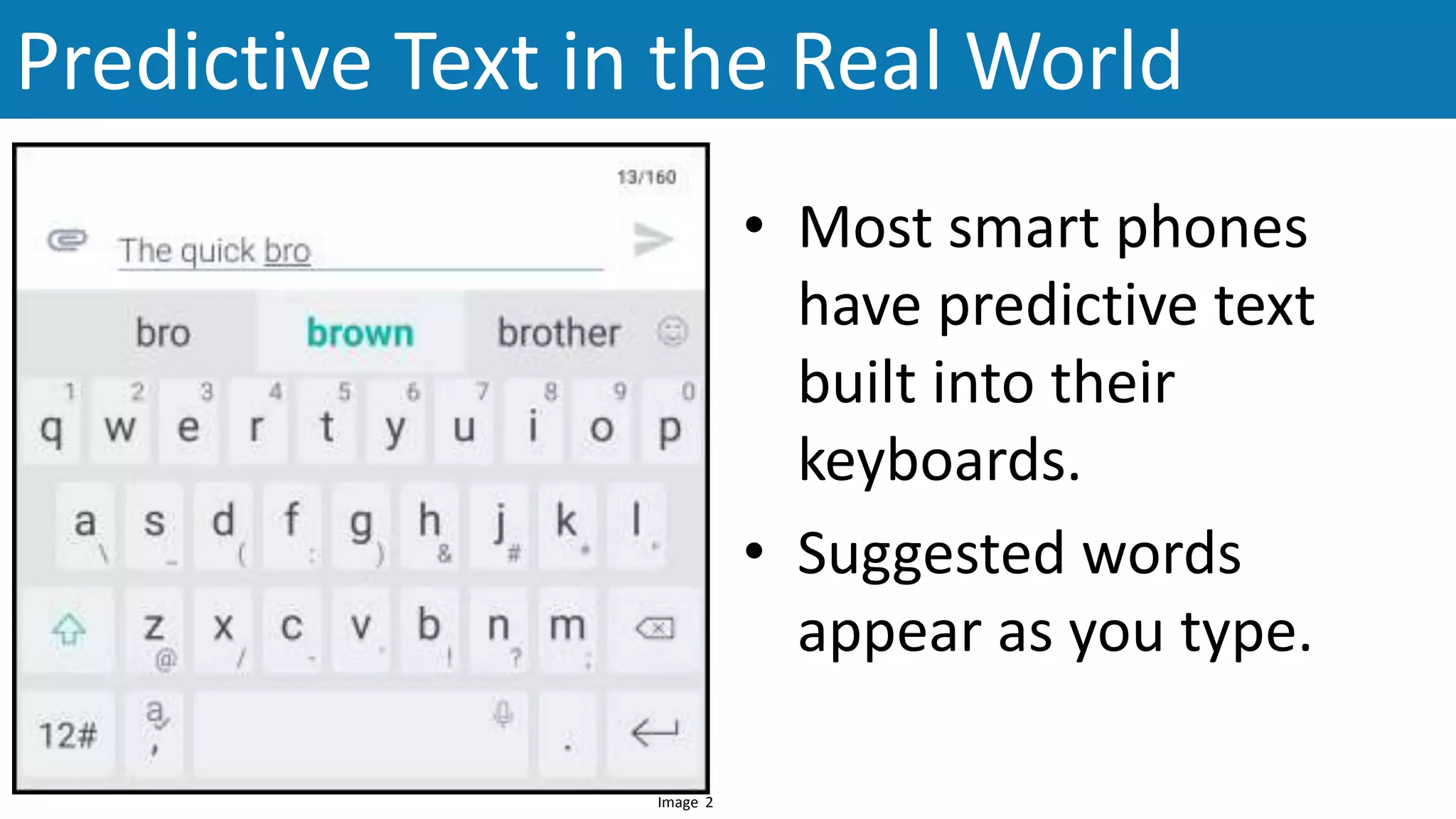 • Most smart phones
have predictive text
built into their
keyboards.
• Suggested words
appear as you type.
Predictive Text in the Real World
Image 2
 