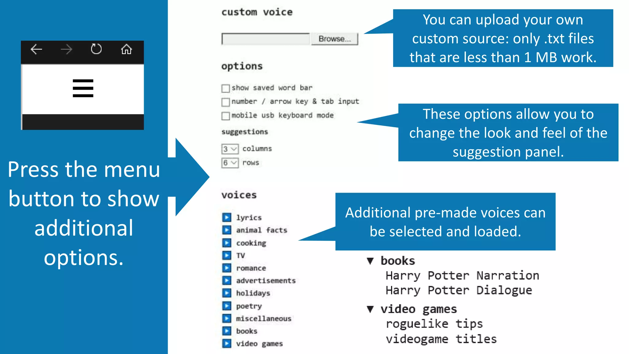 Press the menu
button to show
additional
options.
You can upload your own
custom source: only .txt files
that are less than 1 MB work.
These options allow you to
change the look and feel of the
suggestion panel.
Additional pre-made voices can
be selected and loaded.
 