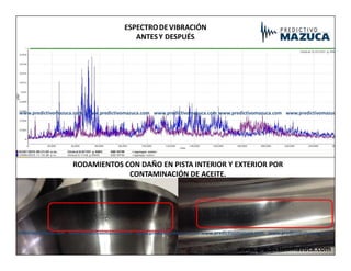 ESPECTRODEVIBRACIÓN
ANTESY DESPUÉS.
www.predictivomazuca.com
www.predictivomazuca.com www.predictivomazuca.com www.predictivomazuca.com
www.predictivomazuca.com
RODAMIENTOS CON DAÑO EN PISTA INTERIOR Y EXTERIOR POR
CONTAMINACIÓN DE ACEITE.
www.predictivomazuca.com
www.predictivomazuca.com
www.predictivomazuca.com www.predictivomazuca.com www.predictivomazuca.com
www.predictivomazuca.com
 