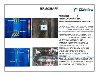 PRIORIDAD: C
INTERCONEXIONES L607
Fabricante del elemento revisado:
-----
CARGA ELECTRICA DEL EQUIPO Amps:
FASE A:A FASE B:A FASE C: A
RECOMENDACION DEL INSPECTOR:
CAMBIAR LA CLEMA QUE SE
TERMOGRAFIA
www.predictivomazuca.com
www.predictivomazuca.com www.predictivomazuca.com www.predictivomazuca.com
www.predictivomazuca.com
CAMBIAR LA CLEMA QUE SE
MUESTRA EN IMAGEN (NO. 11),
TAMBIEN RECORTAR PUNTAS DE
CONDUCTORES Y COLOCARLES
TERMINALES DE PUNTA. REVISAR
QUE EL CONDUCTOR, QUE SE
MUESTRA CALIENTE, NO TENGA
EMPATES.
ASEGURARSE DE PONCHAR BIEN LAS
TERMINALES Y DE DAR BUEN APRIETE
AL REALIZAR LAS CONEXIONES.
www.predictivomazuca.com
www.predictivomazuca.com www.predictivomazuca.com www.predictivomazuca.com
www.predictivomazuca.com
 