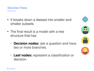 Decision Trees
• It breaks down a dataset into smaller and
smaller subsets.
• The ﬁnal result is a model with a tree
structure that has:
• Decision nodes: ask a question and have
two or more branches.
• Leaf nodes: represent a classiﬁcation or
decision.
 