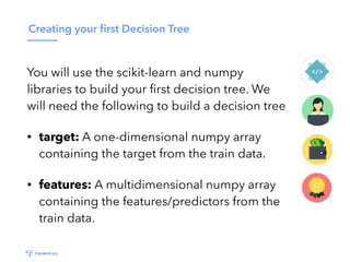 Creating your ﬁrst Decision Tree
You will use the scikit-learn and numpy
libraries to build your ﬁrst decision tree. We
will need the following to build a decision tree
• target: A one-dimensional numpy array
containing the target from the train data.
• features: A multidimensional numpy array
containing the features/predictors from the
train data.
 
