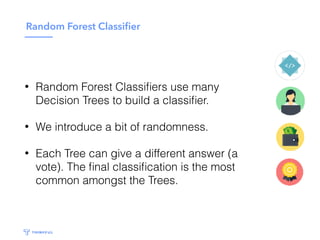 Random Forest Classiﬁer
• Random Forest Classiﬁers use many
Decision Trees to build a classiﬁer.
• We introduce a bit of randomness.
• Each Tree can give a different answer (a
vote). The ﬁnal classiﬁcation is the most
common amongst the Trees.
 