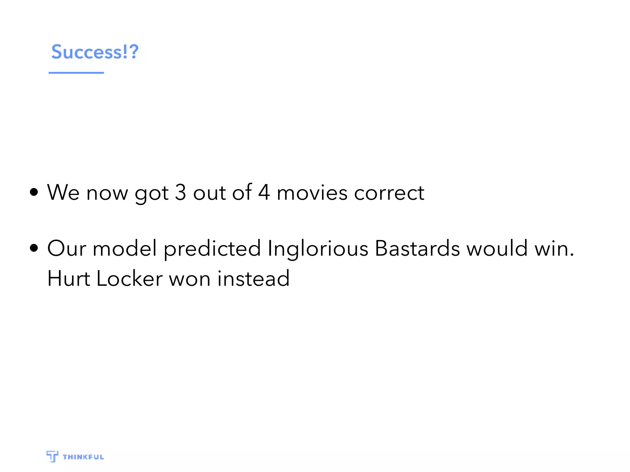 Success!?
• We now got 3 out of 4 movies correct
• Our model predicted Inglorious Bastards would win.
Hurt Locker won instead
 