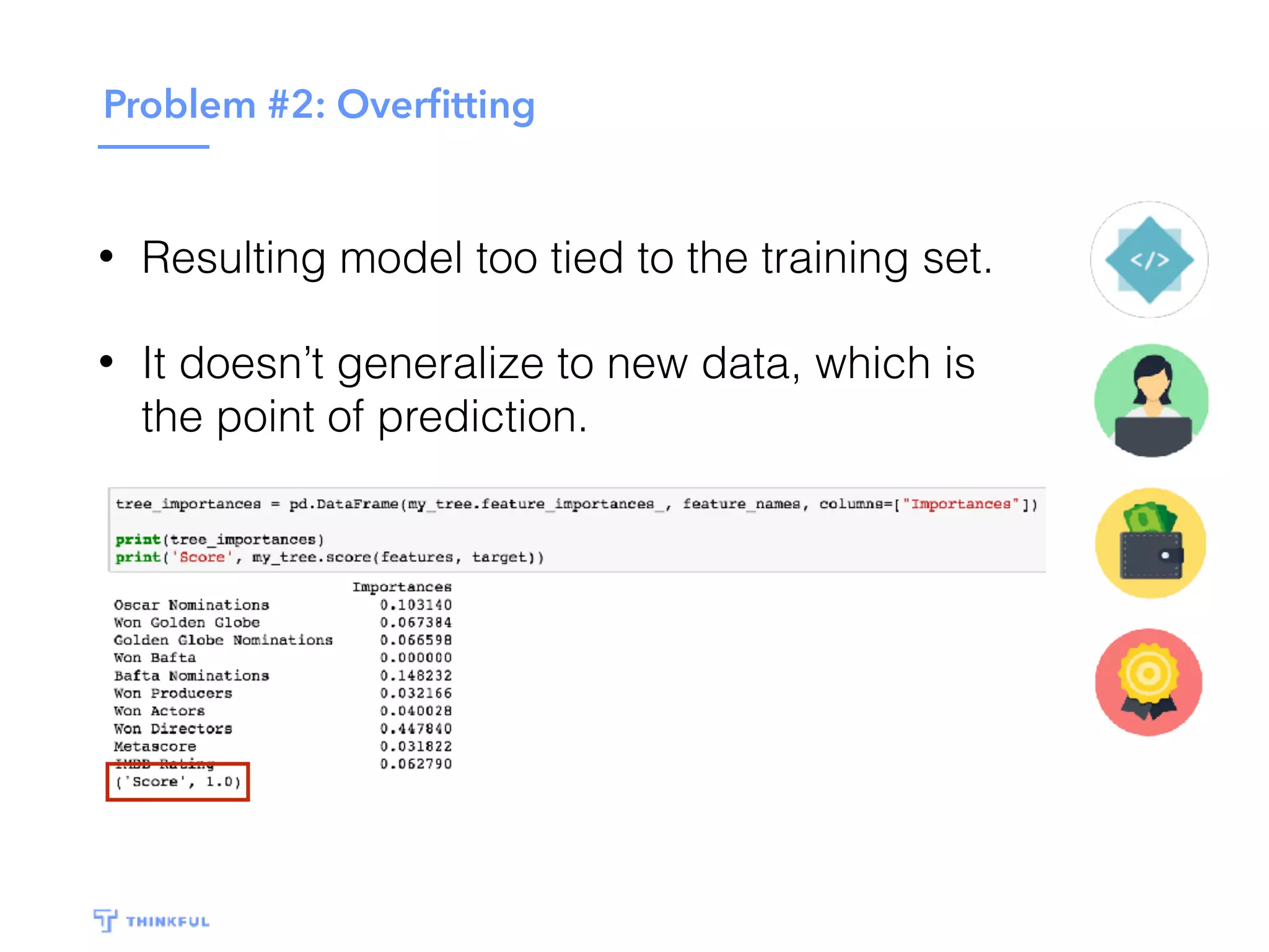 Problem #2: Overﬁtting
• Resulting model too tied to the training set.
• It doesn’t generalize to new data, which is
the point of prediction.
 