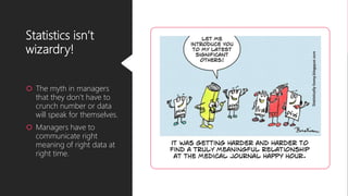 Statistics isn’t
wizardry!
 The myth in managers
that they don’t have to
crunch number or data
will speak for themselves.
 Managers have to
communicate right
meaning of right data at
right time.
 