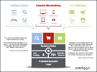 Patented Semantic
Layer
User
Proﬁling
Business Rules
Collective
Behavior
Landing Page Search
Auto-ComplétionSearchandising
A/B
E-Merchandising
Multi-Devices
M-Merchandising
A/B Testing
E-mailing Ads
In-StoreCall-Center
Intelligent Search Semantic Merchandising 1 to 1 Marketing
« It's a great and ﬂexible solution for
many functions in our shop.
!
The best thing about Prediggo, in my
view is… I've never heard something is
not possible, they make it possible!
Fast. Reliable. Great service »
!
Fabian Kossmehl, MediaMarkt
« Prediggo is a real added-value for us.
We have a catalog of 6'000 references
with a wide price range. Thus, an
eﬃcient recommendation tool is a Must
Have in order to optimize the customer
experience in our Shop.
!Prediggo is very proactive which makes
the collaboration easy and enjoyable. »
!
Maxime Staszewski,Urech
 